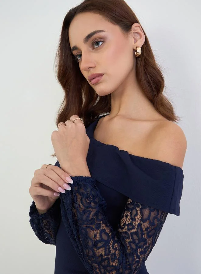 Styli Lace Insert One Shoulder Sheath Maxi Dress